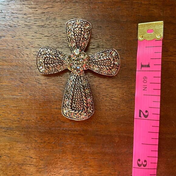 Vintage Rhinestone Cross Brooch Pendant Dual Pin & Necklace Charm Gold Tone - Picture 3 of 3